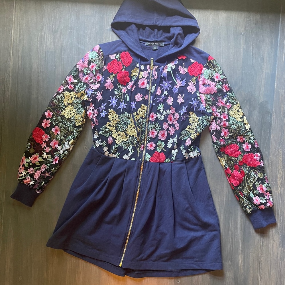 Boston Proper Navy Floral Embroidered Coat
